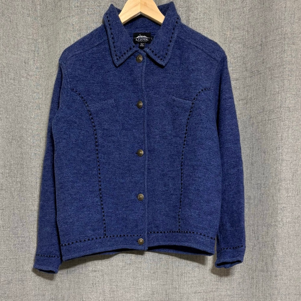 Icelandic Design Womens L Blue 100% Wool Whipstitch Button Front Cardigan Jacket